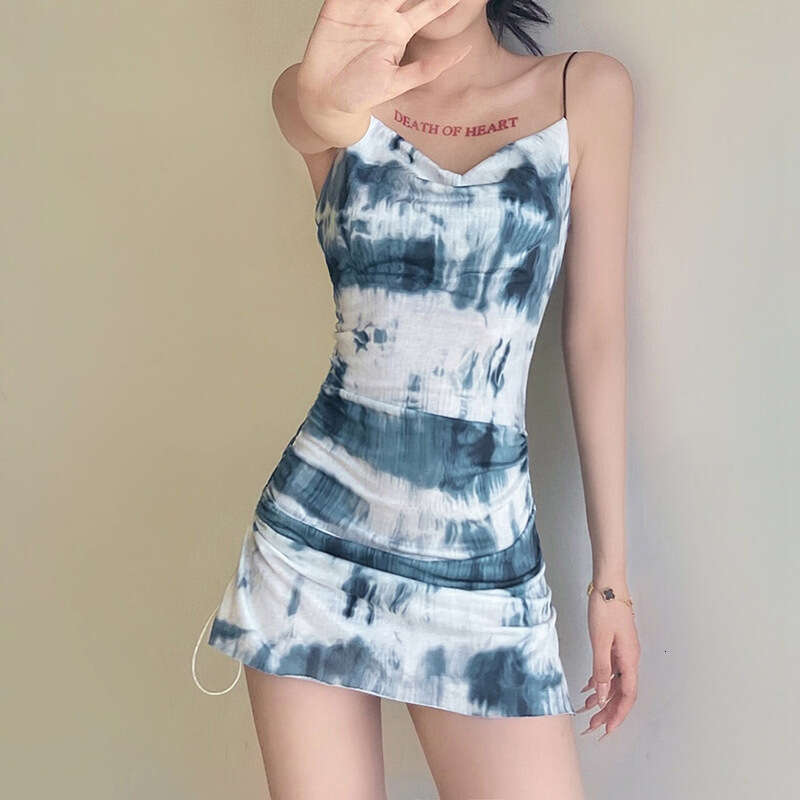 2021 Summer New Women's Slim Fit High Waist Fashion Tie-Dye Ruched Sexy Strap Dress 0a1