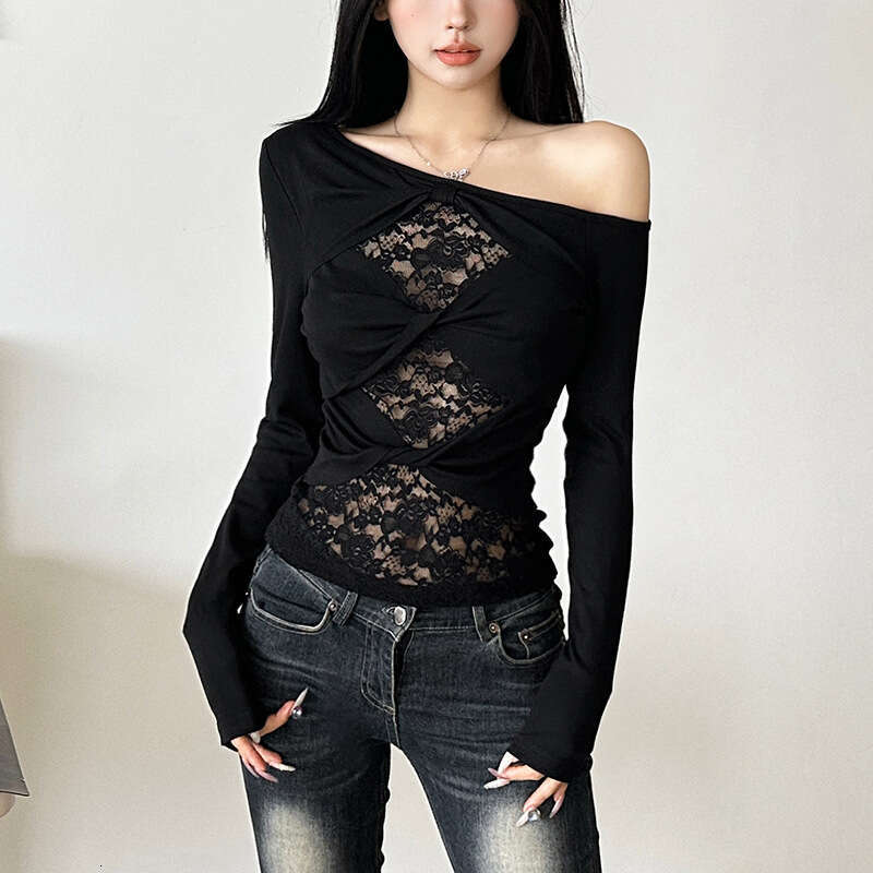 2024 Autumn New Women's Solid Color Slim Fit Fashion Asymmetrical Neck Long Sleeve Mesh Patchwork Top 8c9