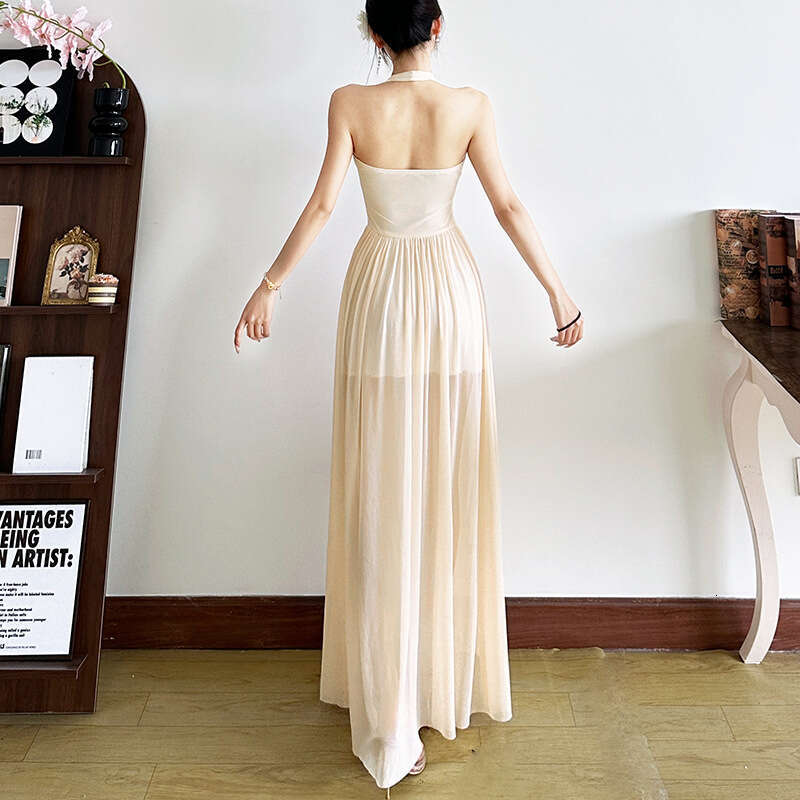 2025 Spring New Women's Solid Color Slim High Waist Fashion V-Neck Halter Sleeveless Dress 2b3