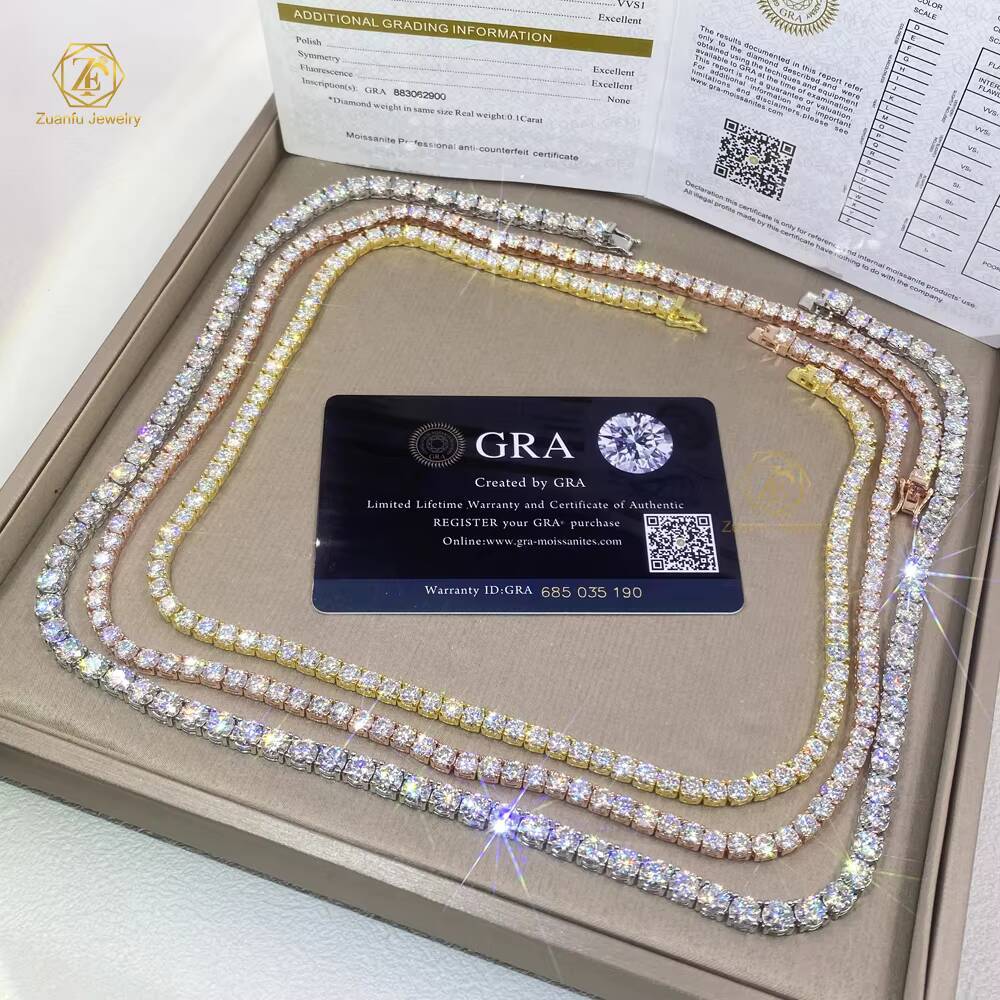 Hip Hop Style 925 Silver GRA VVS Moissanite Diamond Tennis Chain 2MM-6.5MM Necklace Cheap Price Cuban Jewelry for Men Women