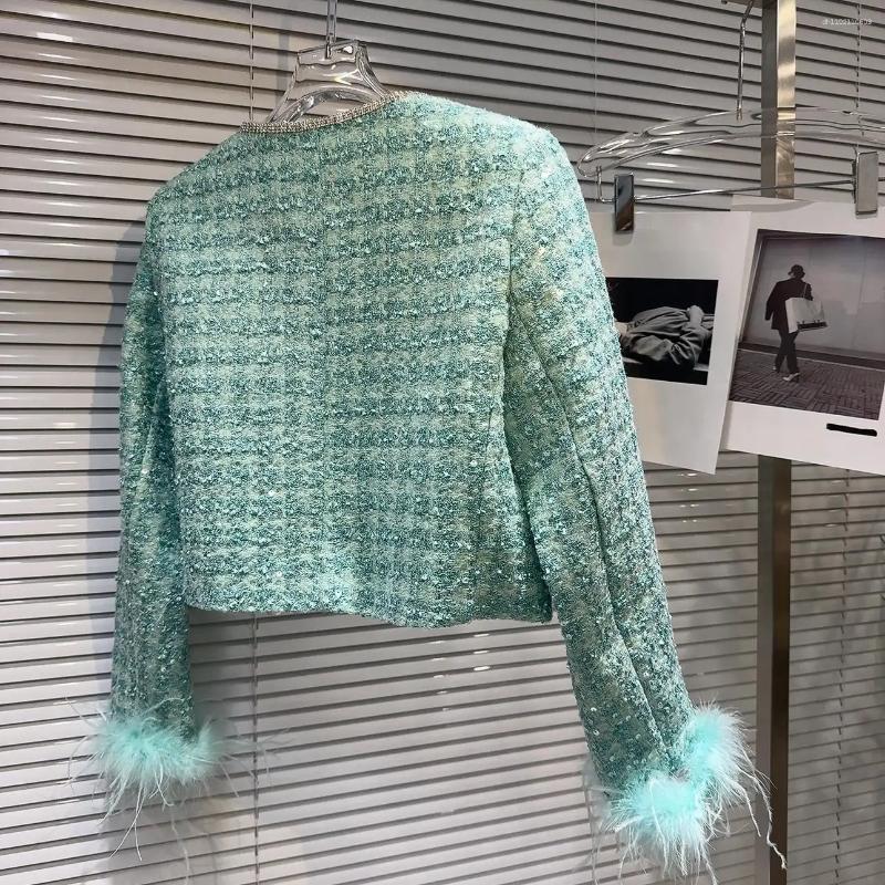 Dress Shiny Green Glitter Checkered Linen Jacket Diamond 3D Feather Fur Sleeve Coarse Suit Coat A-line Ruffle Edge Skirt