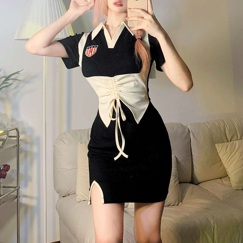 2023 Spring Summer New Women's Solid Color Slim Fit Fashion Turn-Down Collar Color-Block Short Sleeve Dress 11b