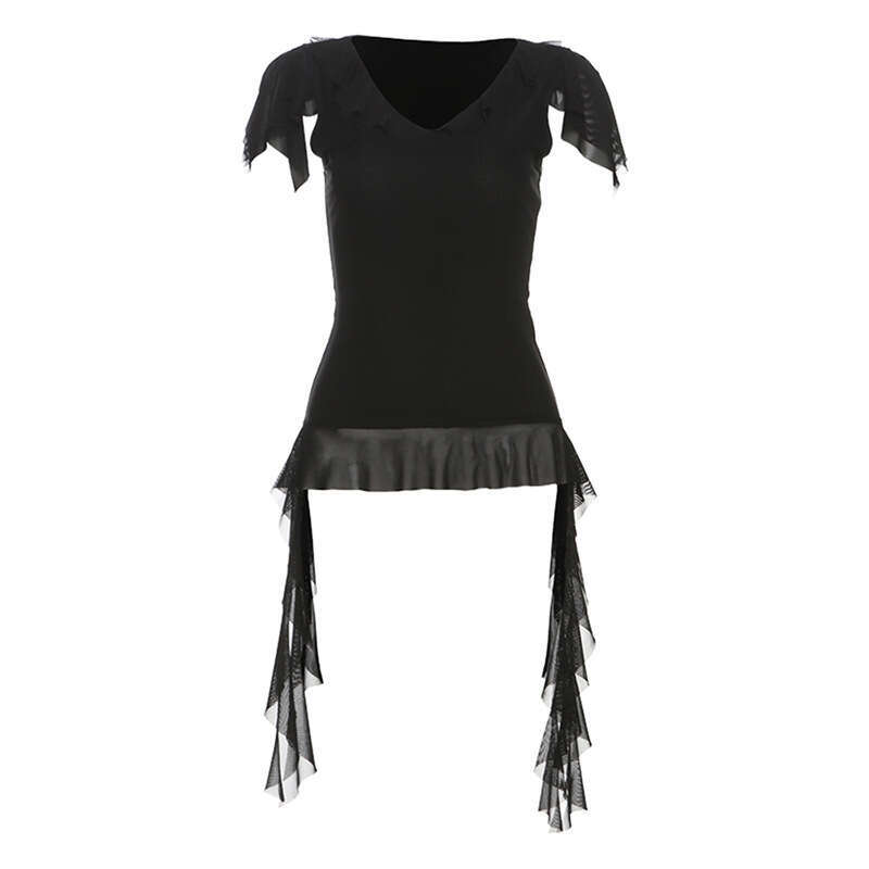 2025 New Summer Women's Solid Color Sexy V-Neck Short Sleeve Slim Mesh Ribbon Top def