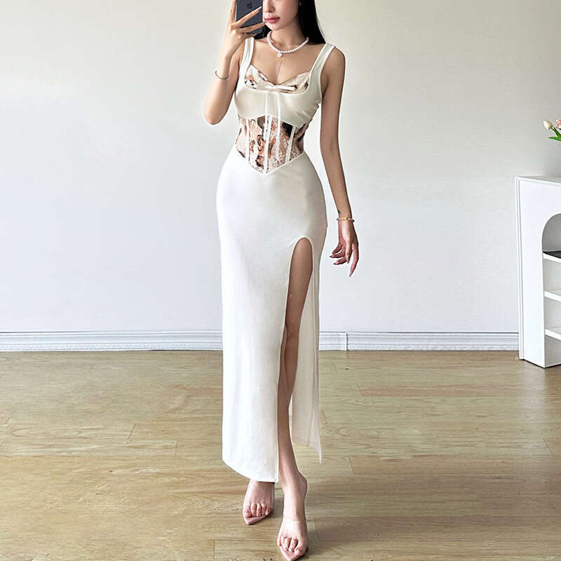 2024 Summer New Women's Solid Color Slim High Waist Fashion Strap Sleeveless Split Dress 31d