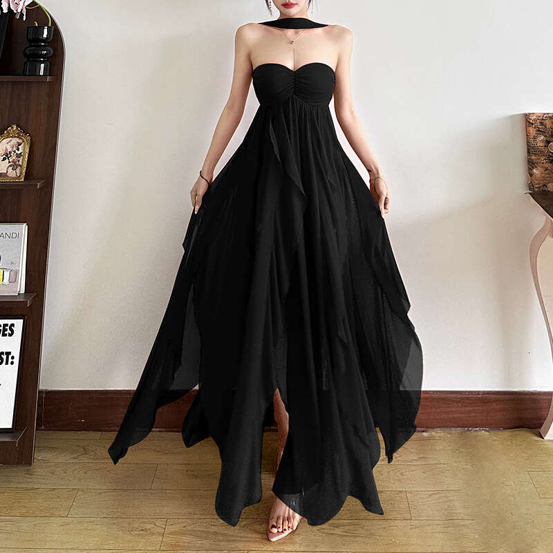 2025 French Style Halter Chiffon Sexy Strapless Backless Irregular Ruffle Long Dress 926