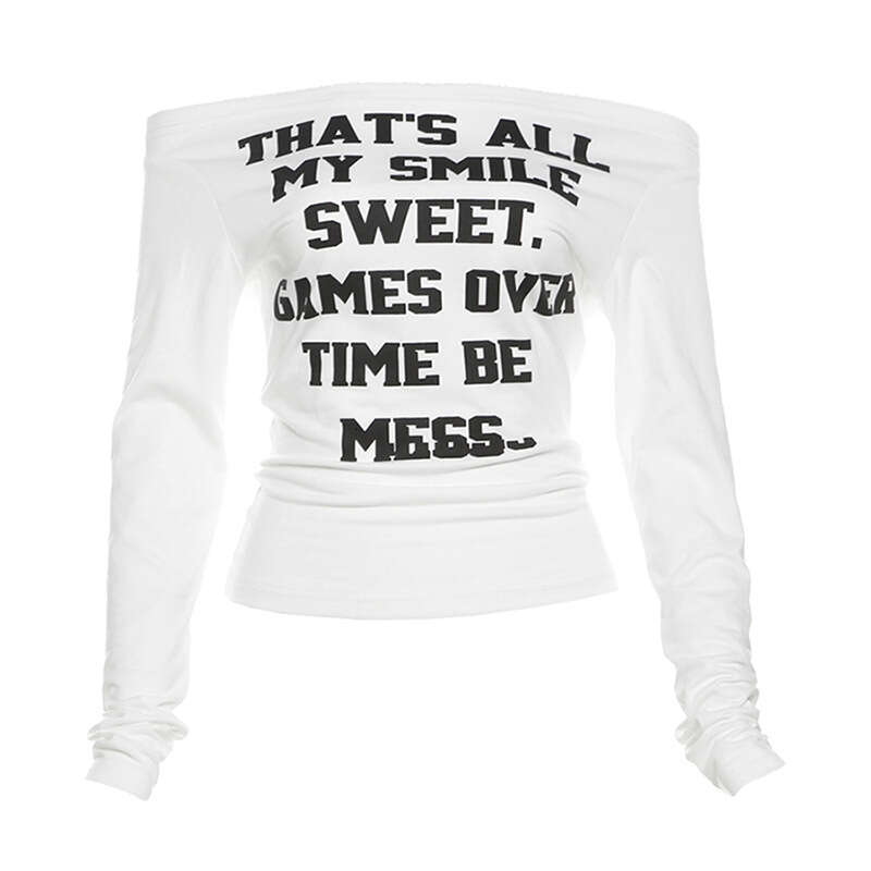 2024 Autumn New Women's Fashion Solid Color Slim Street Style Off-Shoulder Printed Long Sleeve Top 9a0
