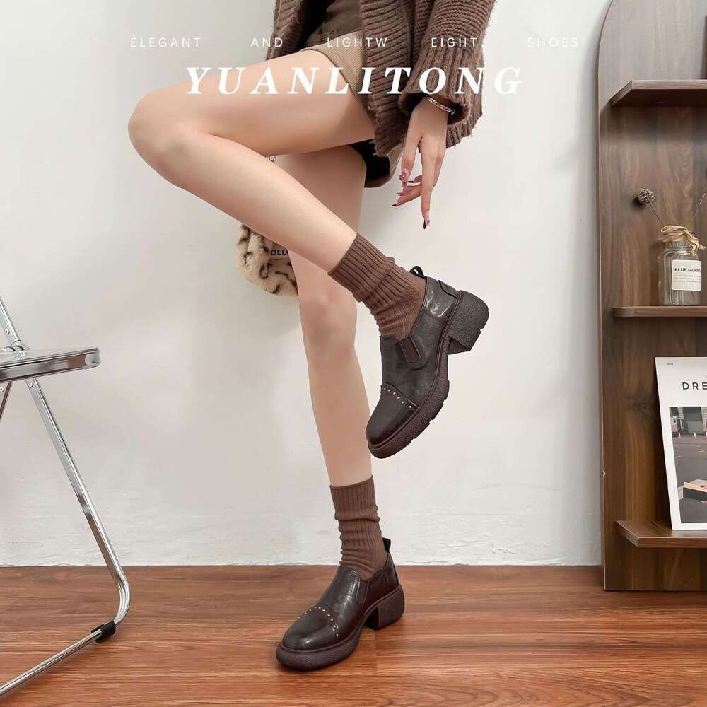 2025 Spring Summer New Thick-Soled Loafers Shallow Mouth Leather Women, Outdoor Wear, Height-Increasing Shoes for Petite Women