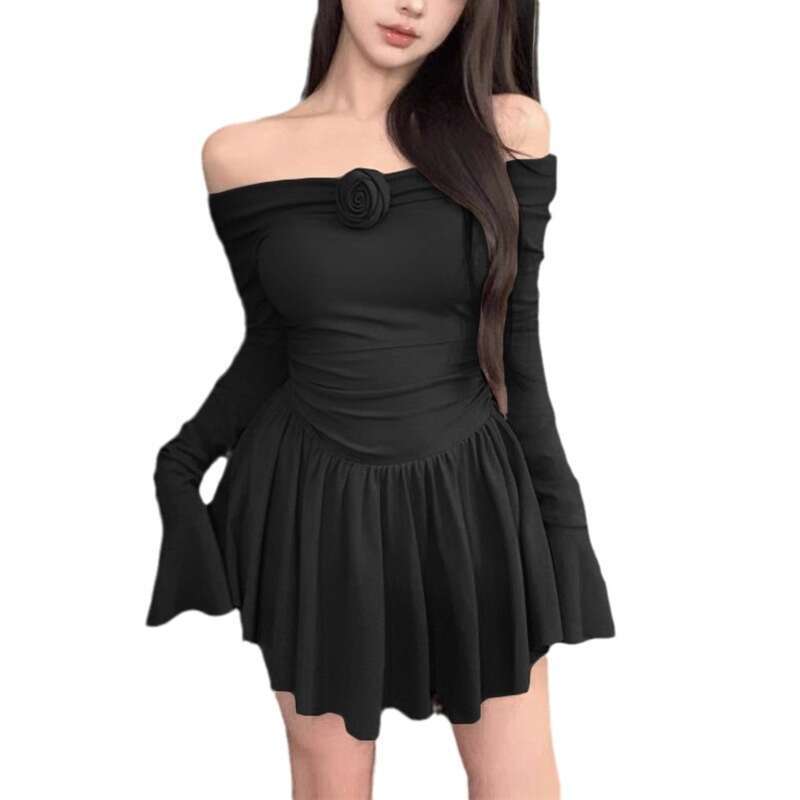 2023 Autumn New Women's Solid Color Slim High Waist Fashion Off-Shoulder Long Sleeve Dress 538