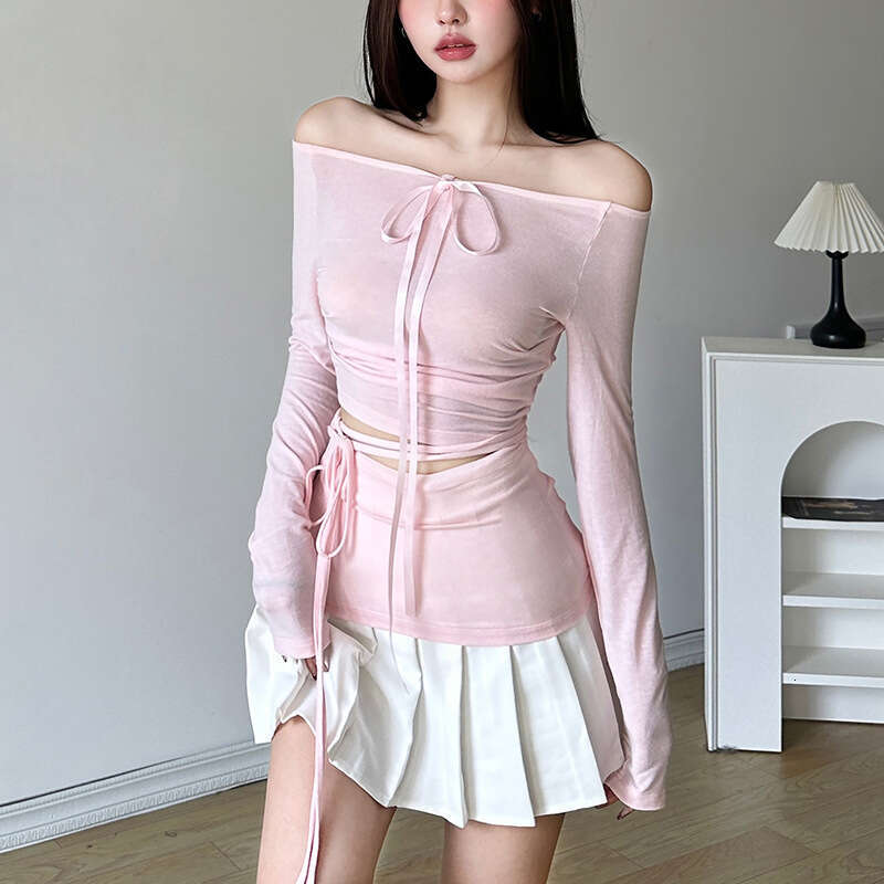 2024 Spring New Women's Fashion Sexy Long Sleeve Round Neck Waist-Exposing Tie T-Shirt a63