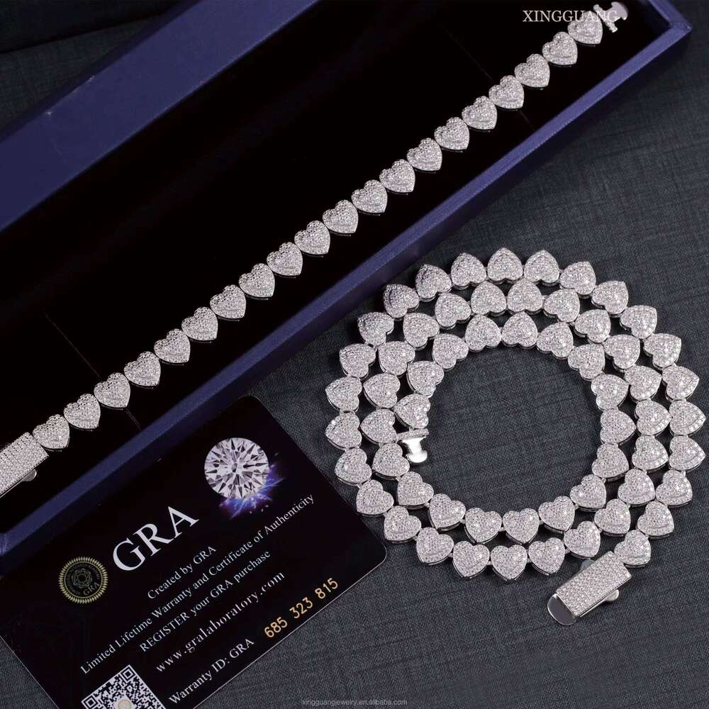 Heart Shape 10mm Wide S Sier Men Hip Hop Necklace VVS Moissanite Cuban Link Chain