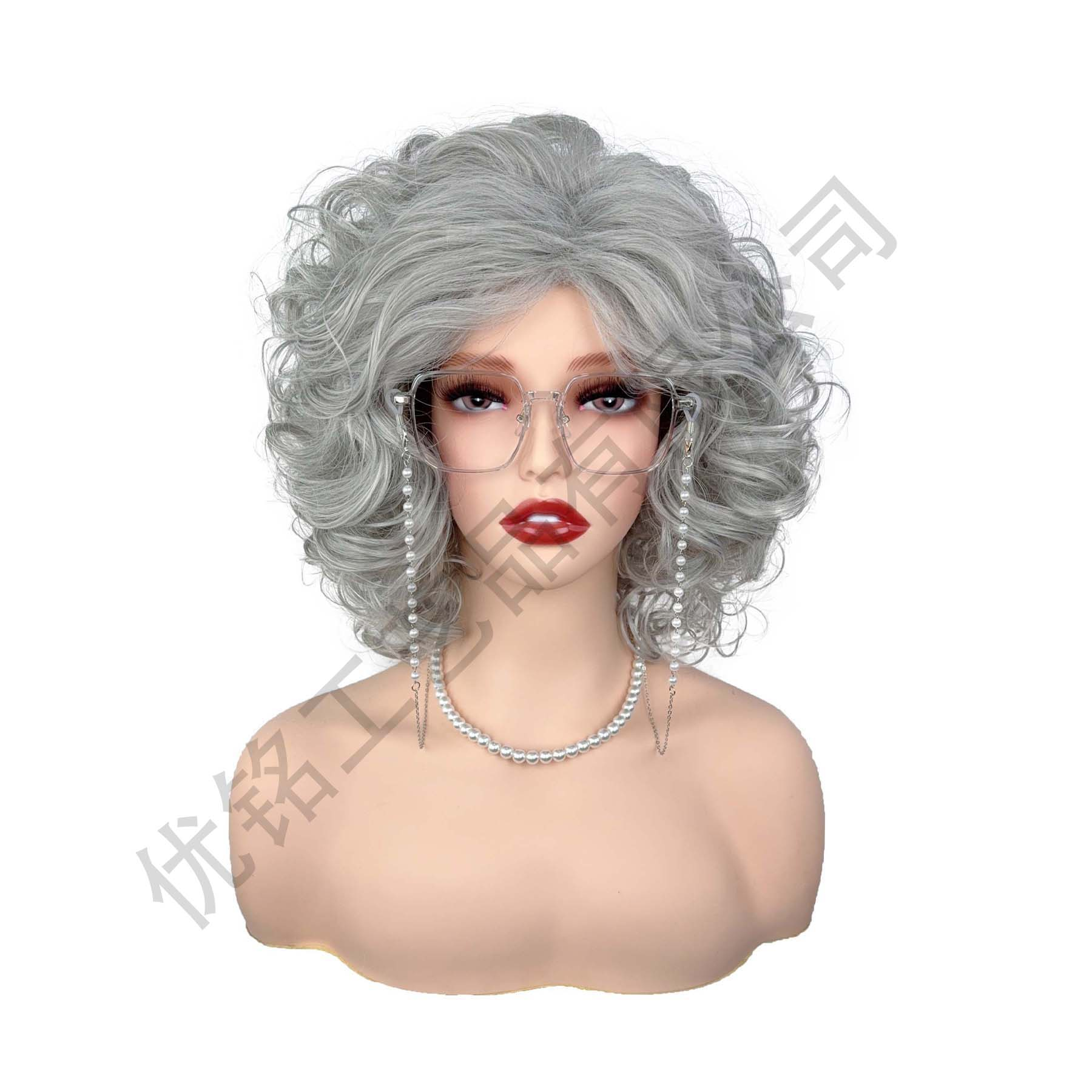 European and American women's medium-length short curly light gray breathable wig, gray-white synthetic silk wig headband