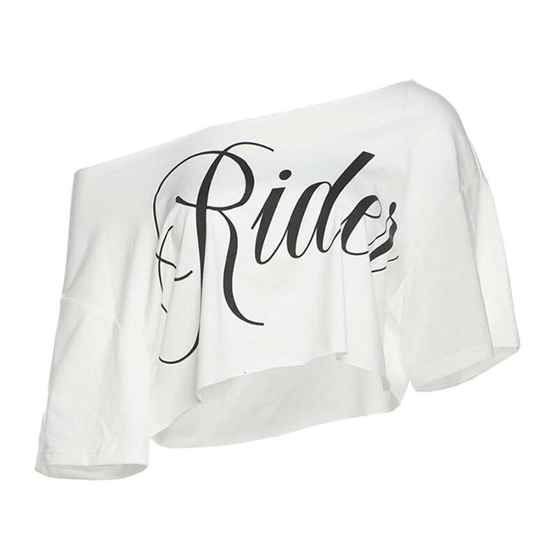 2025 Spring New Women's Solid Color Loose Cropped Fashion Asymmetric Neck Printed Short Sleeve Top 766