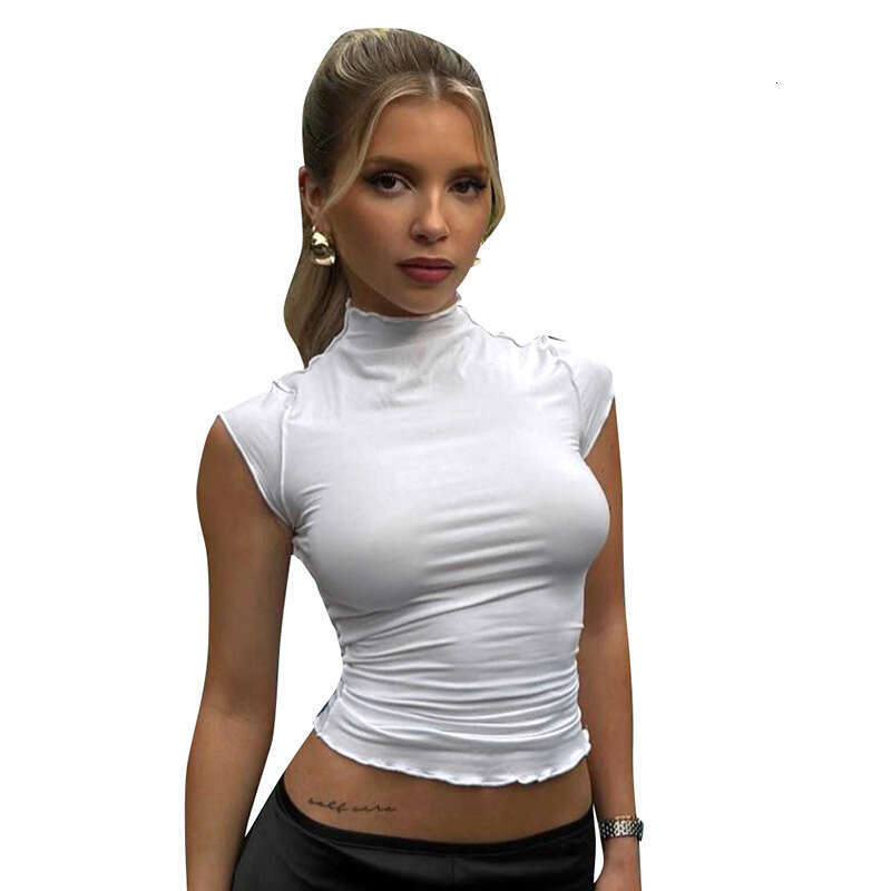 Qtp013 Women's Summer New Solid Color Half High Neck Sleeveless Crop Top Ruffled Vest T-Shirt B5