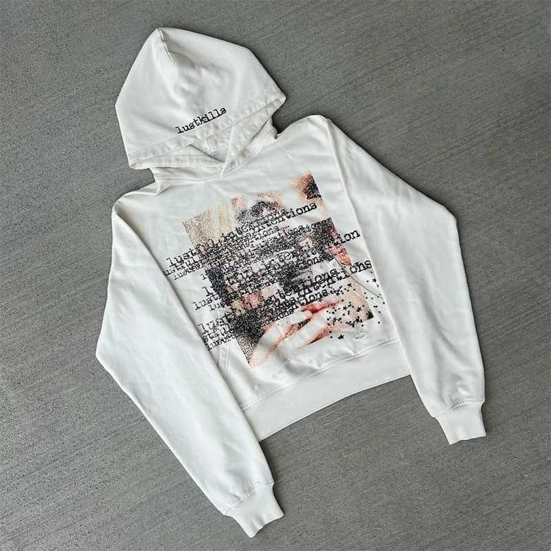 Distressed Pullover Hoodie with Artistic Graphic Print Casual Loose Fit Strtwear for Men and Women L251018XWUK