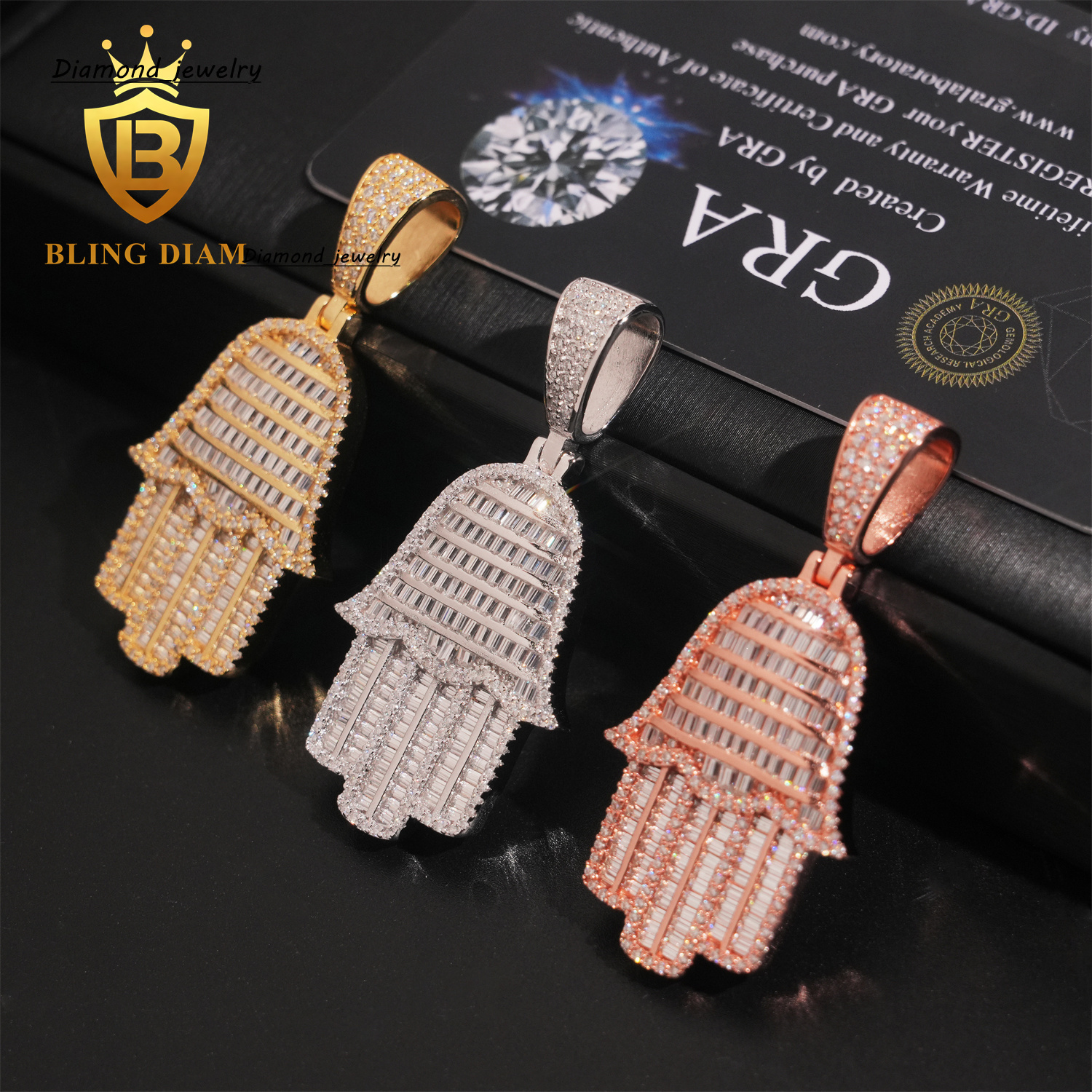 Wholesale Price Hip Hop Hamsa Pendant Solid 925 Silver Moissanite Jewelry 3 Color Iced Out Pendant Baguette Cut