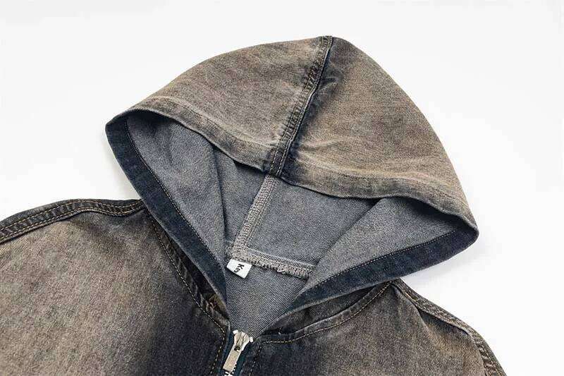 Men's High Street Vintage Hip Hop Jeans Jacket Streetwear Retro Denim Coat Washed Hooded Oversized Outerwear Loose Fit Tops