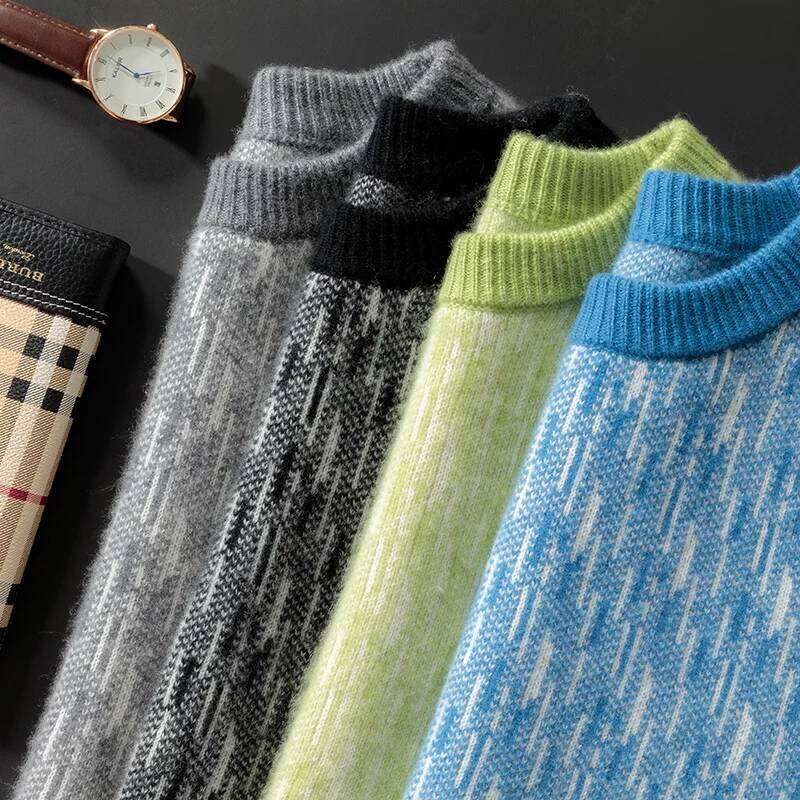 100% Merino Wool Thickened Knitted Sweater Men's O-Neck Pullover Cashmere Sweatshirt Color Collision Tops Autumn Winter