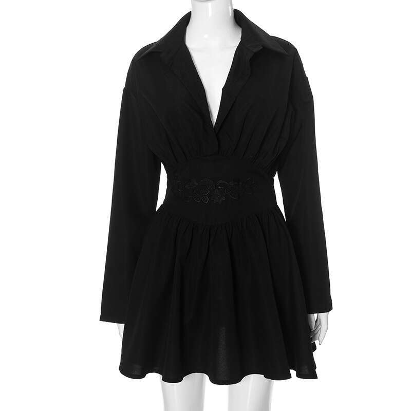 Yds470 Women's Autumn Winter New Solid Color Turn-Down Collar Long Sleeve Embroidered Waist Ruffle Dress B5