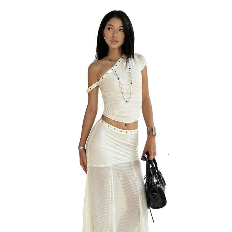 2025 Summer New Sexy Off-Shoulder Crop Top High-Waisted Mesh Patchwork Long Skirt Set for Women 951