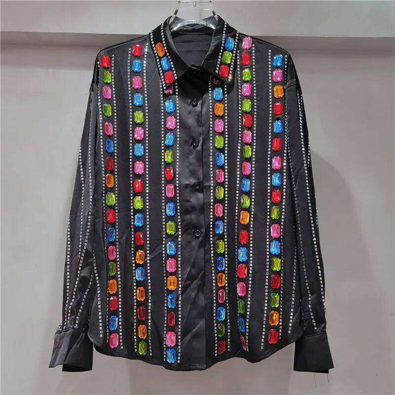 Women's Shirt Loose Single Breasted Striped Rhinestone Handmade Color Dia Blouse Summer 2025 New Fashion 29A1519