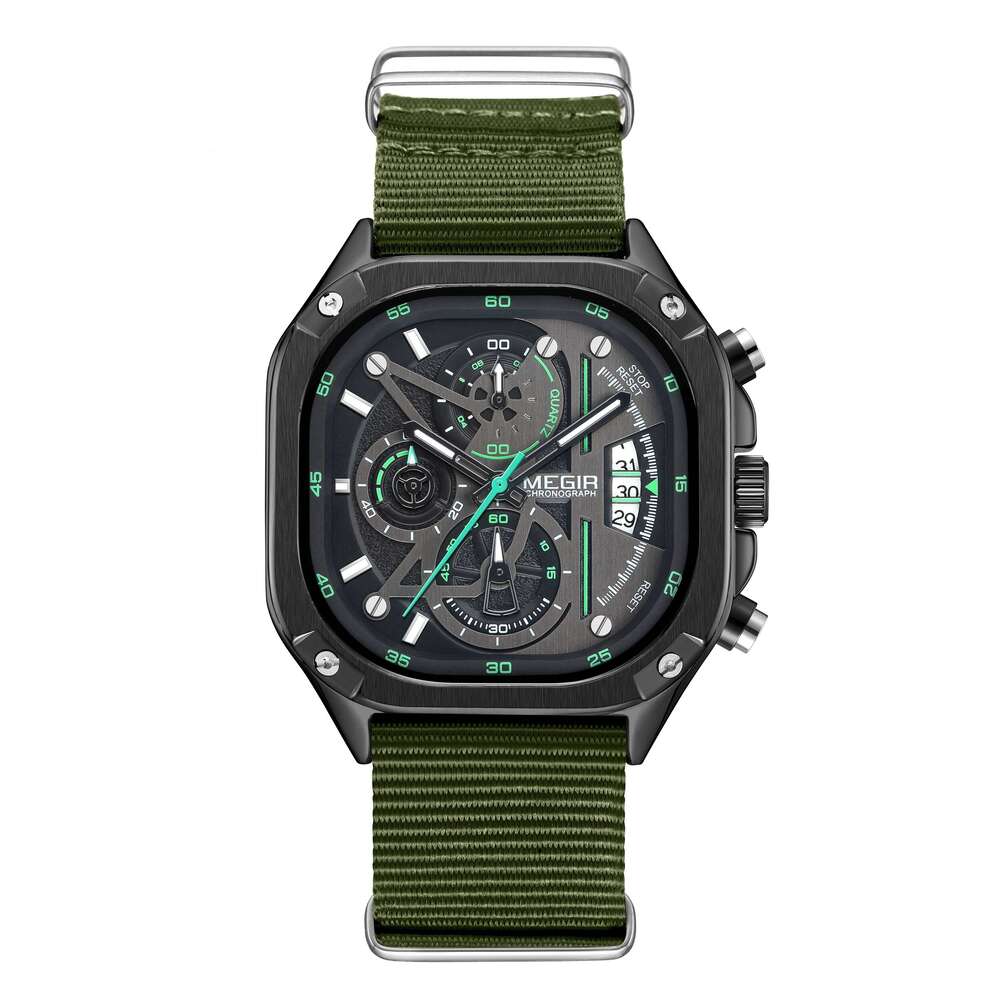 DHwatches MEGIR Men's Square Sports Watch - Chronograph, Luminous, 30M Waterproof, Nylon Strap, Fashion Wristwatch