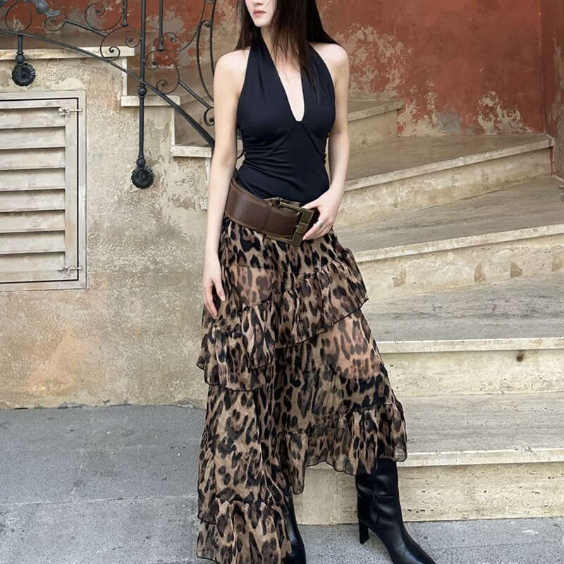 2025 Summer New Women's Street Fashion Leopard Print High Waist Loose Skirt 685