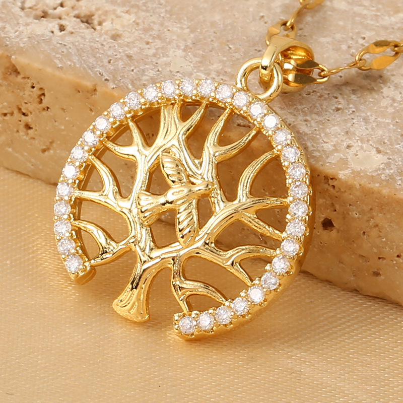 Trendy Round Hollow Tree of Life Pendant for Women Zircon Necklace Geometric Collarbone Chain Jewelry for Women
