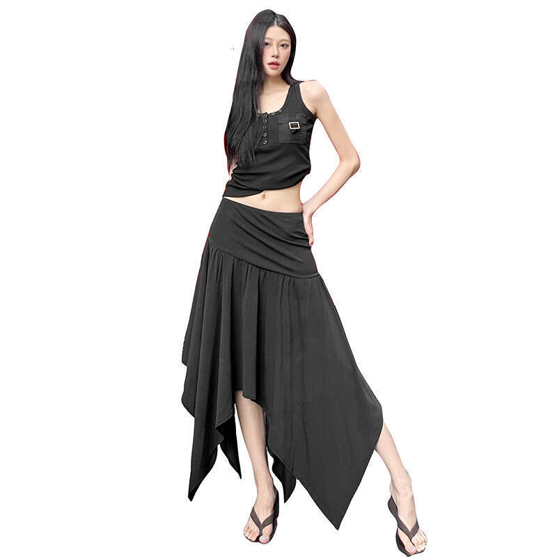 2025 Summer New Solid Color Casual Irregular Slim Fit Elegant High Waist Versatile Midi Skirt Women's Fashion e76