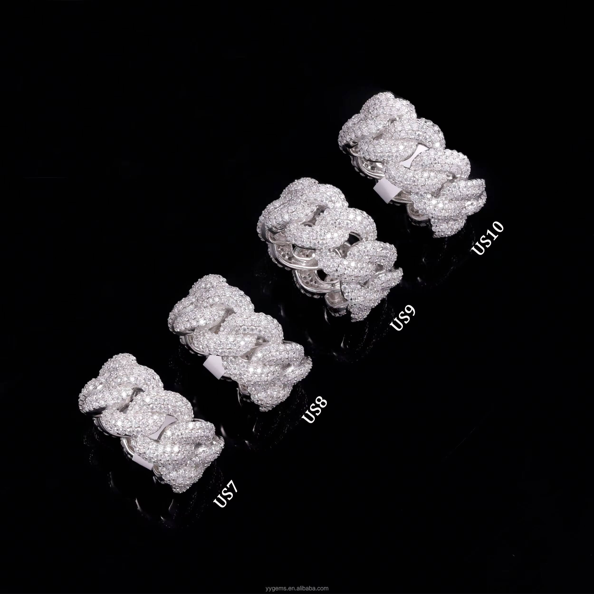 Yu Ying Pass Diamond Tester Hip Hop Bling D Color Moissanite Iced Out Mens 3 Rows Cuban Link Ring With 925 Sterling Silver GRA