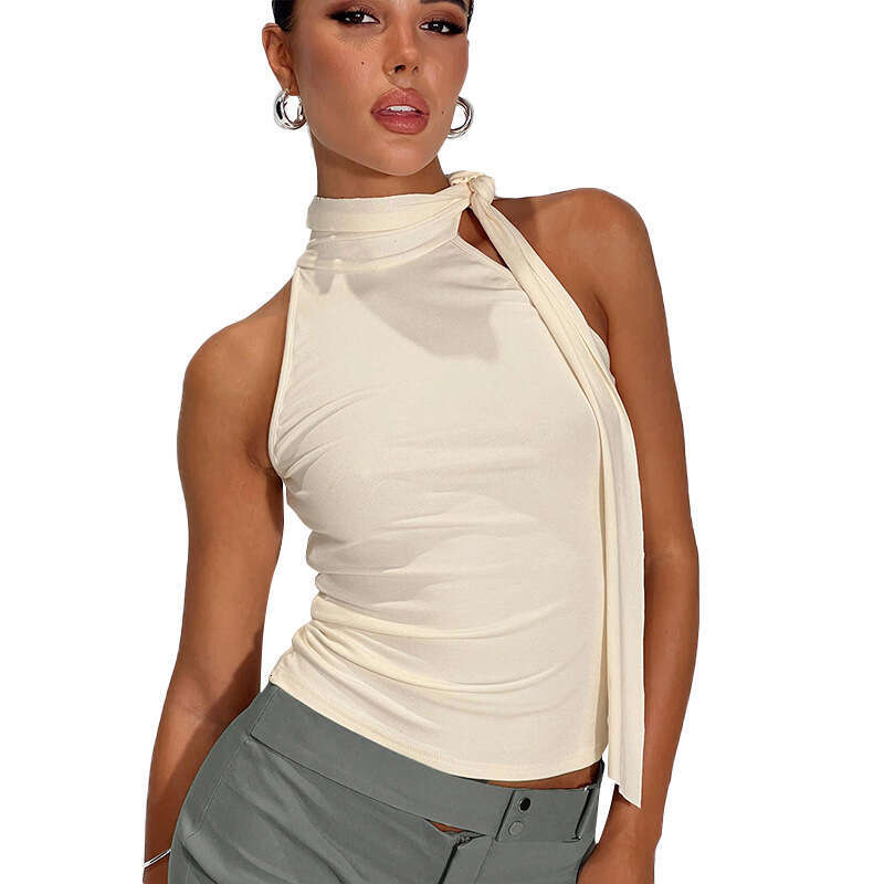 Dtp380 Women's Summer New Solid Color Sleeveless High Neck Tie Ribbon T-Shirt Top B5