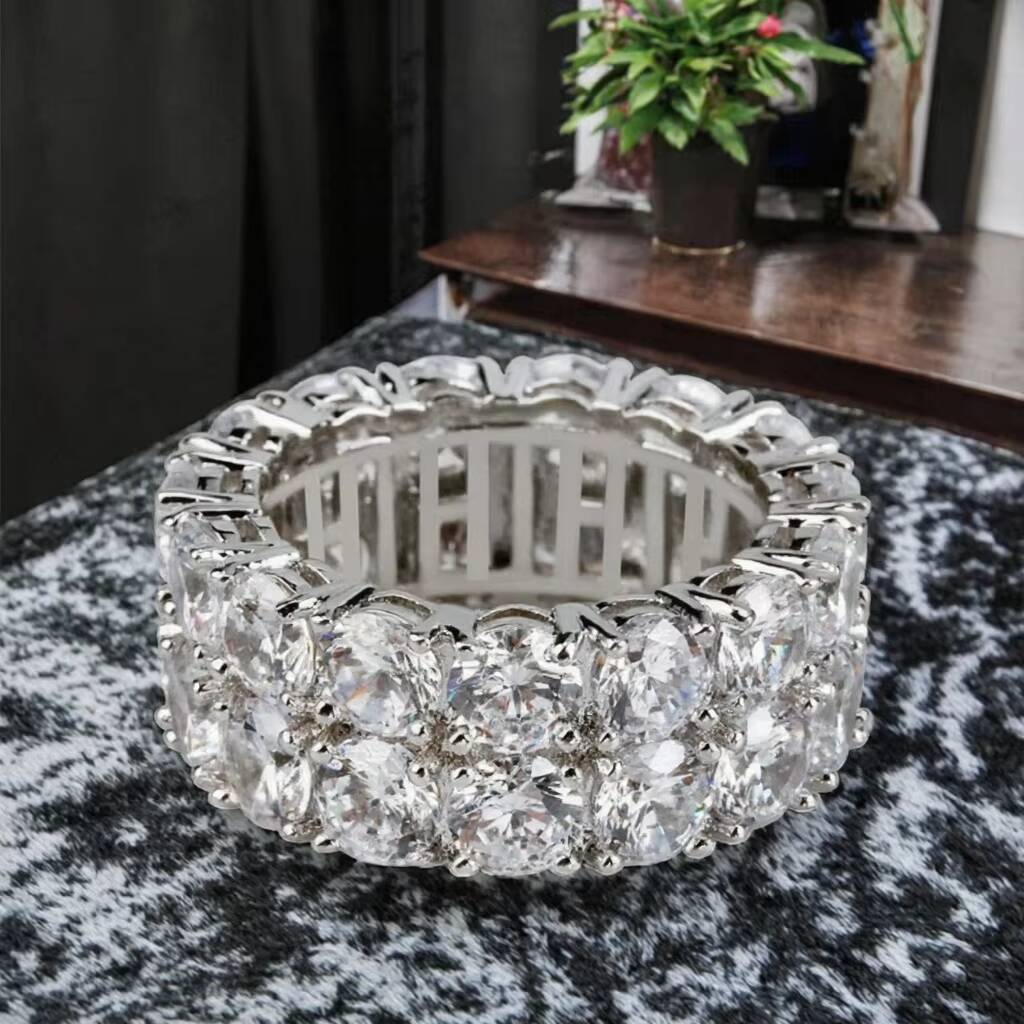 Wholesale 925 Silver Two-Row Moissanite Jewelry Fine Hip Hop Bling Ring for Men and Women Wedding Engagement Gift