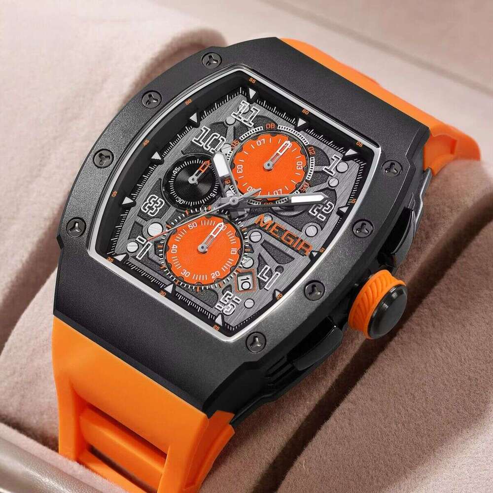 DHgargets MEGIR Men's Tonneau Watch - Chronograph, Luminous, 30M Waterproof, Stainless Steel, Silicone Strap