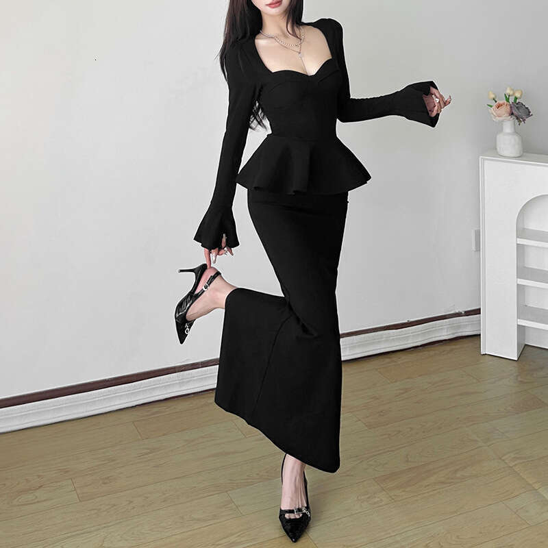 2024 Autumn New Women's Solid Color Slim Street Fashion Square Neck Long Sleeve Split Dress 7ff