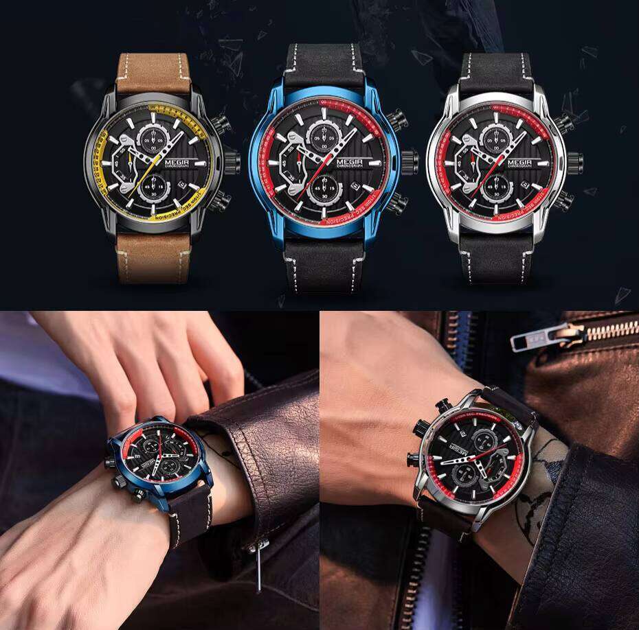 MEGIR Men's Oversized Chronograph Watch - 53mm Genuine Leather, Waterproof, Luminous - Bulk Wholesale Watch