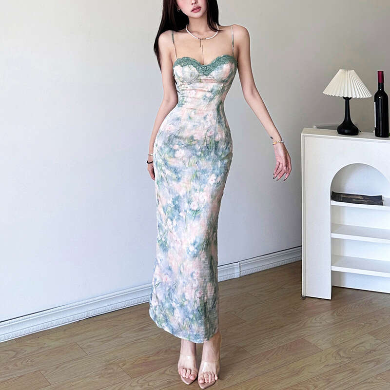 2024 Spring New Women's Solid Color Slim High Waist Fashion Strap Printed Split Dress 44c