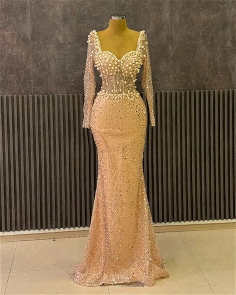 Vintage Evening Dresses For Women Sweetheart Neck Long Sleeves Gown Pearls Beaded Sequins Sweep Train Dress Party Customized Dress