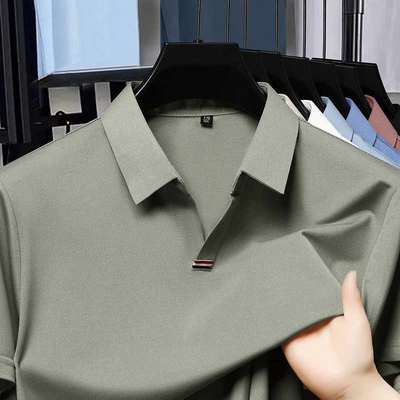High Quality Brand Solid Color V-Neck Short Sleeve Polo Shirt Men Summer Fashion Simple Casual Ice Silk Breathable Lapel T-Shirt XJ250725