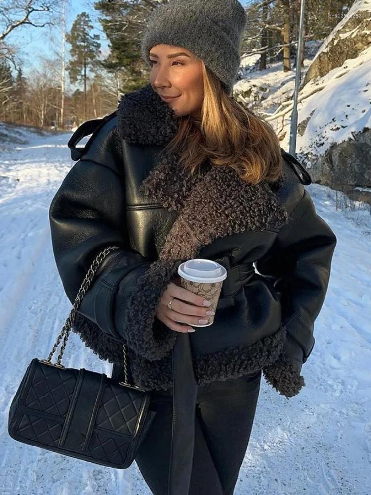 Women's Jackets Vintage Patchwork Fur Leather Coats Women Lapel Lace Up Long Sleeve Thicken Warm Jacket 2025 Winter Lady Streetwear Overcoat