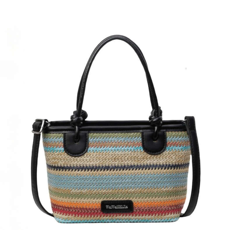 Women's Rainbow Color Summer Beach Straw Woven Top Handle Shoulder Crossbody Designer Bag