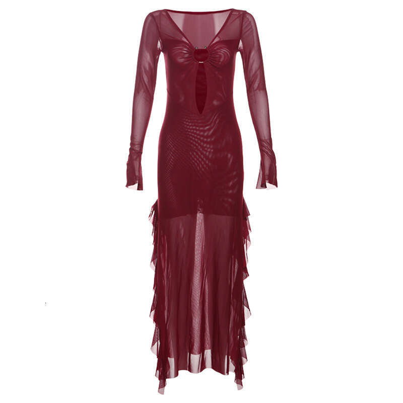 2024 Autumn Winter New Fashion Sexy Sleeve V-Neck Hollow Out Long Dress for Women 93b