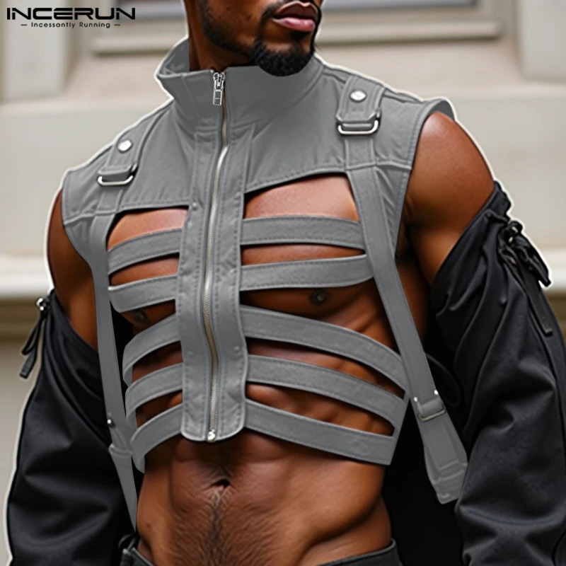 INCERUN 2024 Mens Tops Stylish Deconstruction n Vests Sexy Male Personality Hollow Solid Cropped Zipper Waistcoats 250725