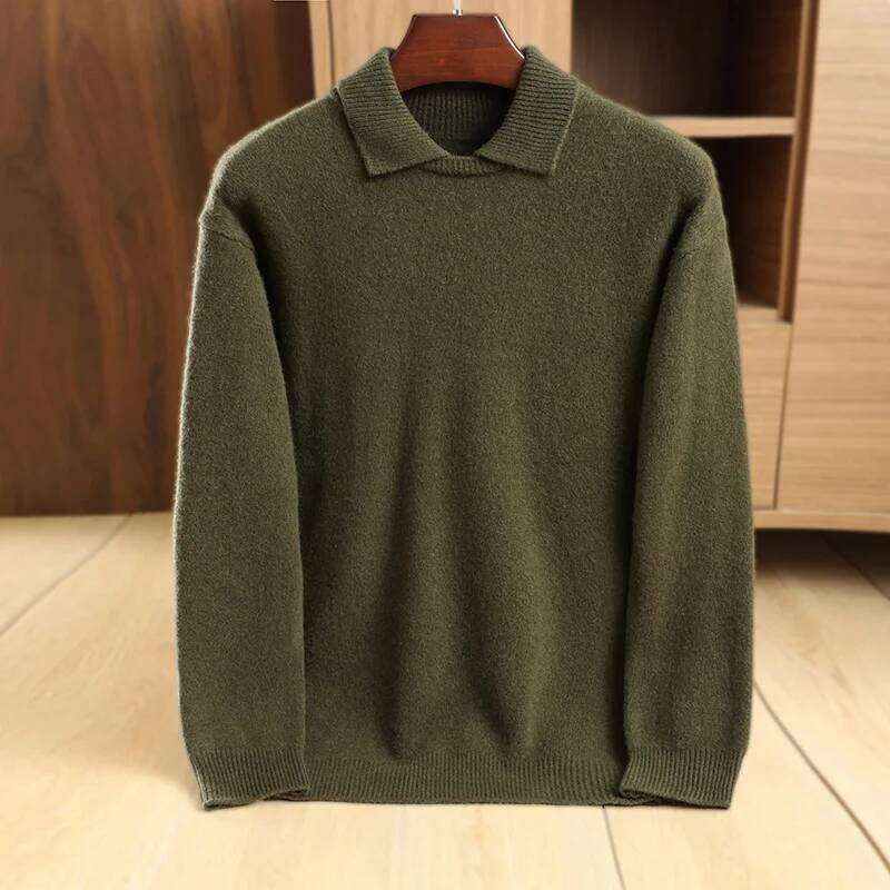 Men's Winter Thick 100% Merino Wool Sweater Polo Collar Pullover Smart Casual Cashmere Knitwear Soft Warm Clothing High Quality
