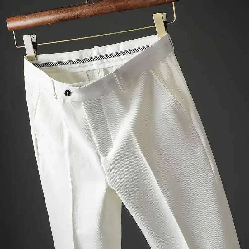 Slim Fit 9 Cropped Male Suit Trousers White Mens Summer Pants Tressed High Quality Up Stylish Formal 2024 Slacks 250725