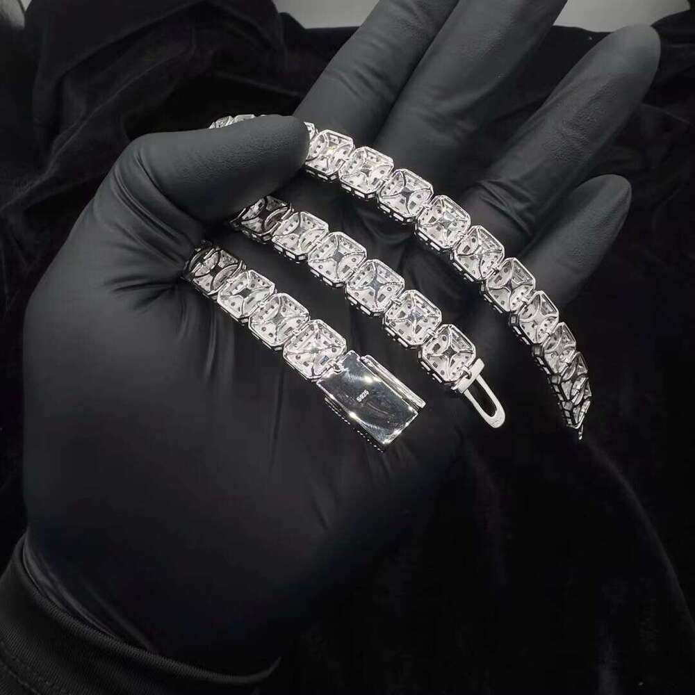 100% Passes the test for the designer necklace's high quality10mm/12mm Sier Hiphop Rock-Candy Necklace with Square Tennis Moissanite Chain