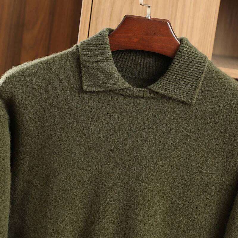 Men's Winter Thick 100% Merino Wool Sweater Polo Collar Pullover Smart Casual Cashmere Knitwear Soft Warm Clothing High Quality