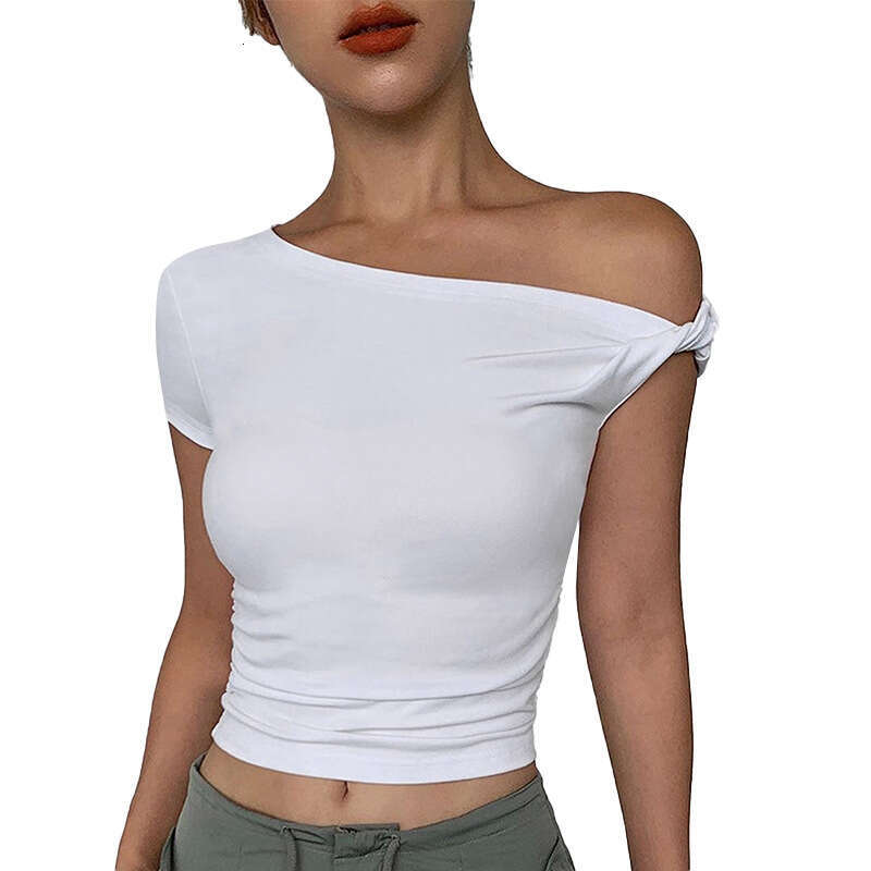 Qtp234 Women's Summer New Solid Color One-Shoulder Crop Asymmetric Sexy Small Top For Women B5
