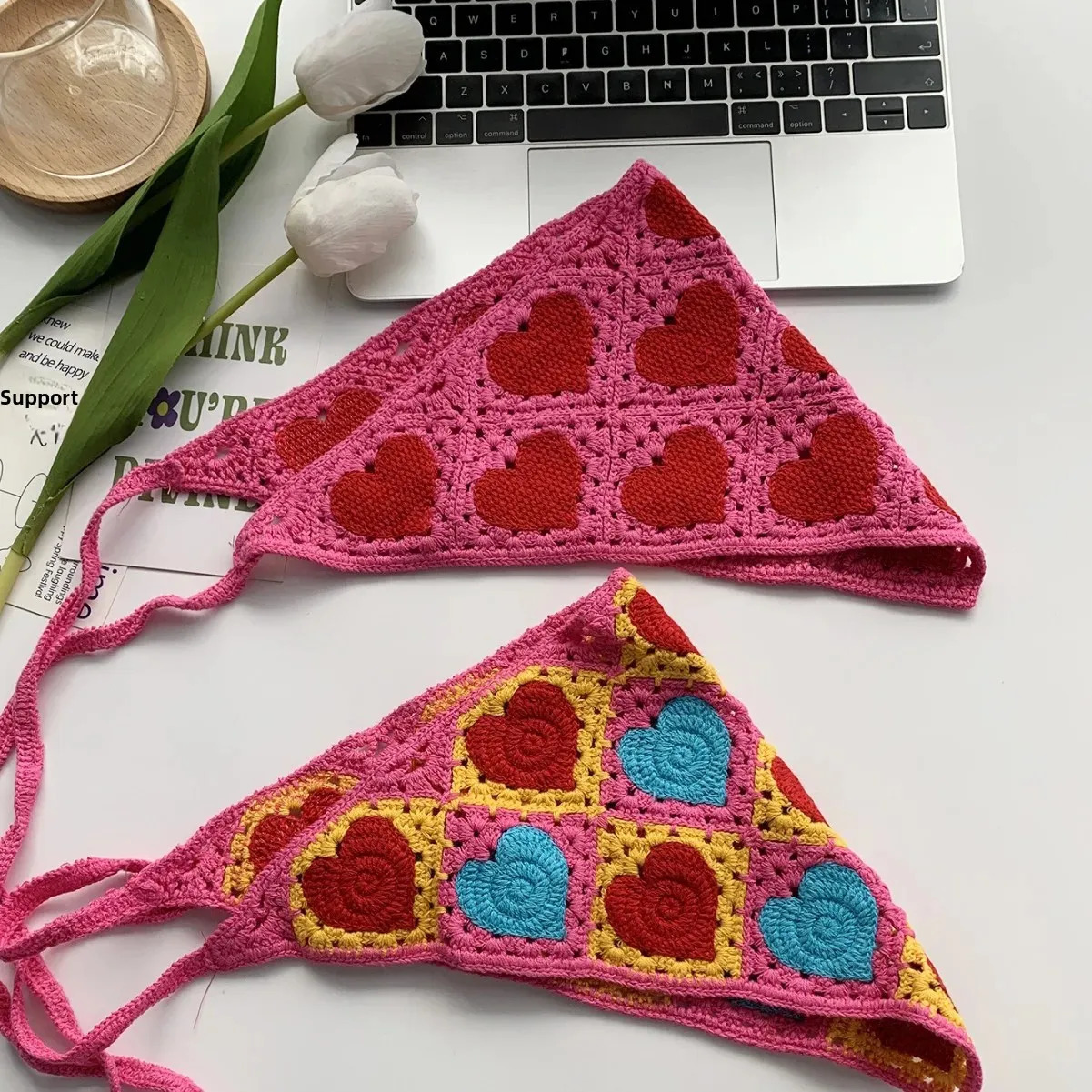 Handmade French Vintage Headscarf Womens Sweet Cute Knitted Heart Shaped Hairband Triangle Trendy Scarf for Traveling 250723