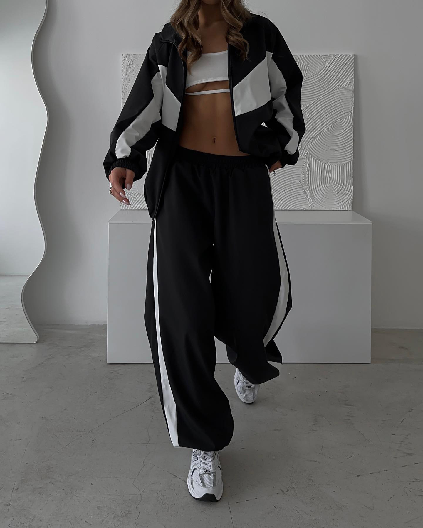 Womens Casual Set Fashion Loose Color Block Long Sleeve Zipper Cardigan Contrast Top Long Pants Sports Set