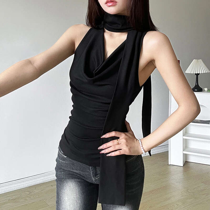 2024 Spring Summer New Fashion Solid Color Sexy V-Neck Slim Neck Scarf Sleeveless T-Shirt for Women ba6