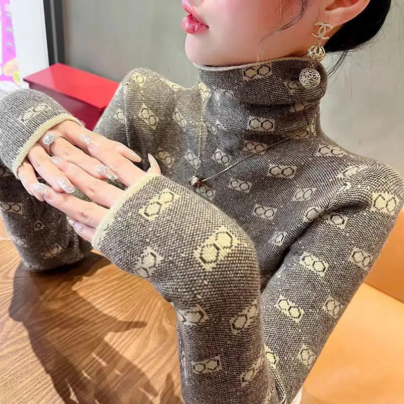 Women Knitwear Fashion Slim Letter Jacquard Pullovers Autumn Winter Soft Elastic Turtleneck Commute Sweaters 250724